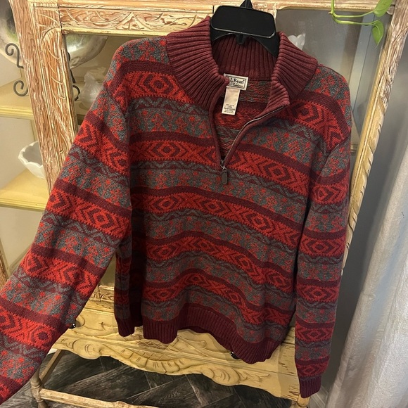 LL Bean Mens Large Aztec 100% Cotton Pullover Vintage Sweater with 1/4 zip - Picture 2 of 5